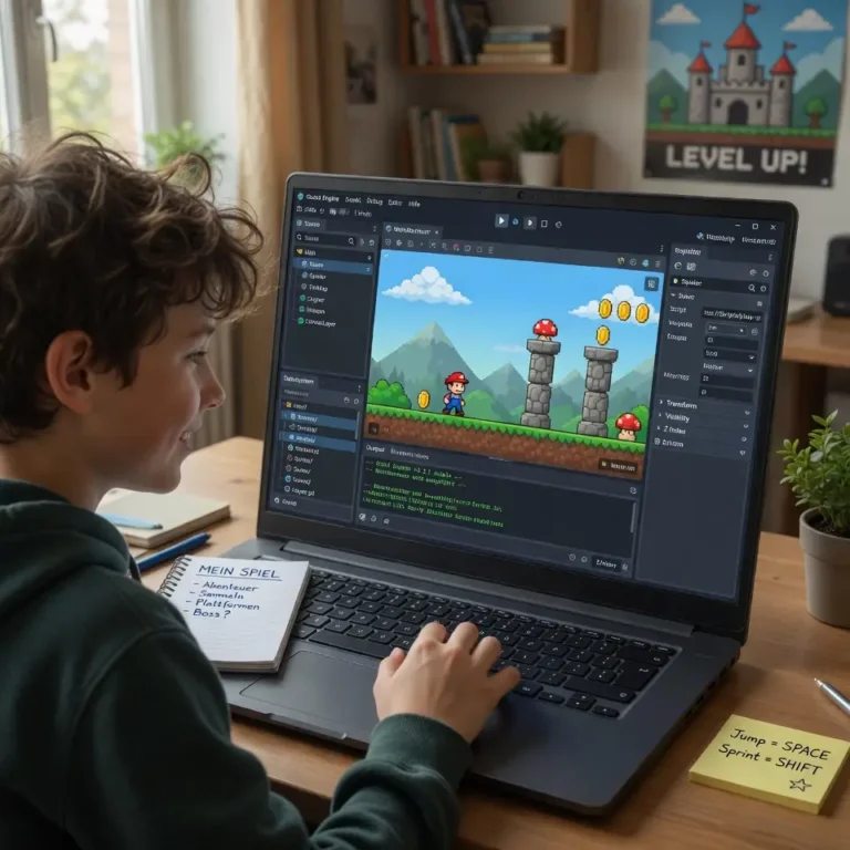 Kind entwickelt mit der Godot-Engine ein eigenes 2D-Spiel am Laptop