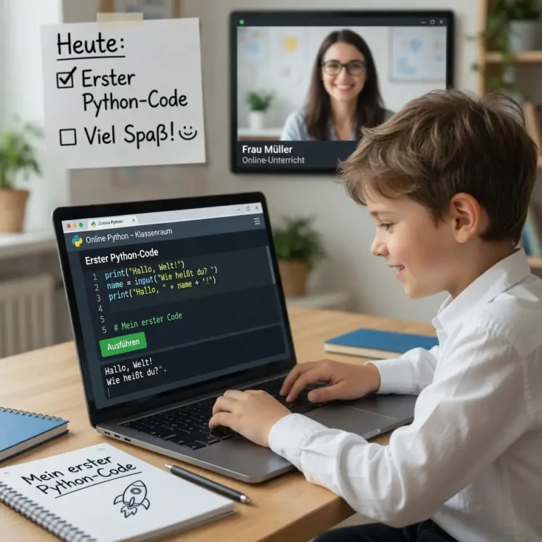 Kind tippt am Laptop seinen ersten Python-Code im Online-Unterricht