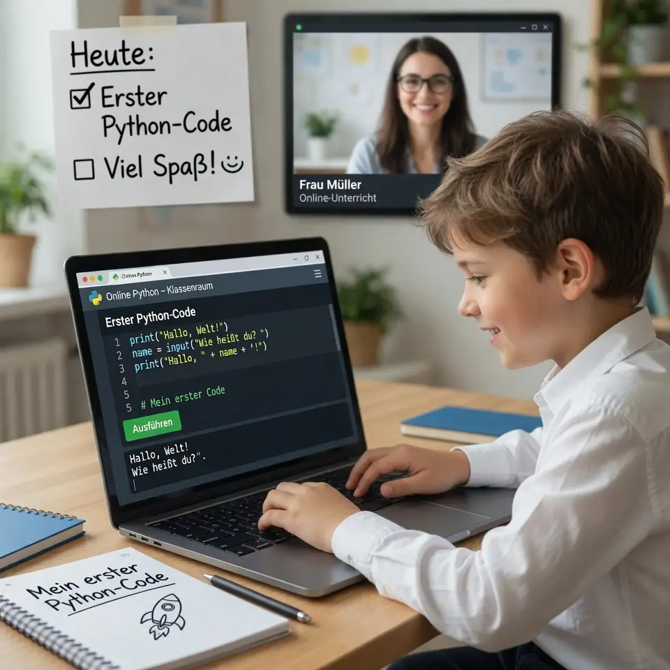 Kind tippt am Laptop seinen ersten Python-Code im Online-Unterricht