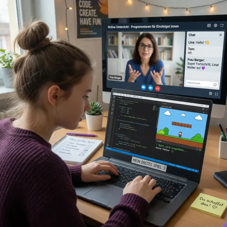 Mädchen programmiert am Laptop ihr erstes eigenes Spiel im Online-Unterricht