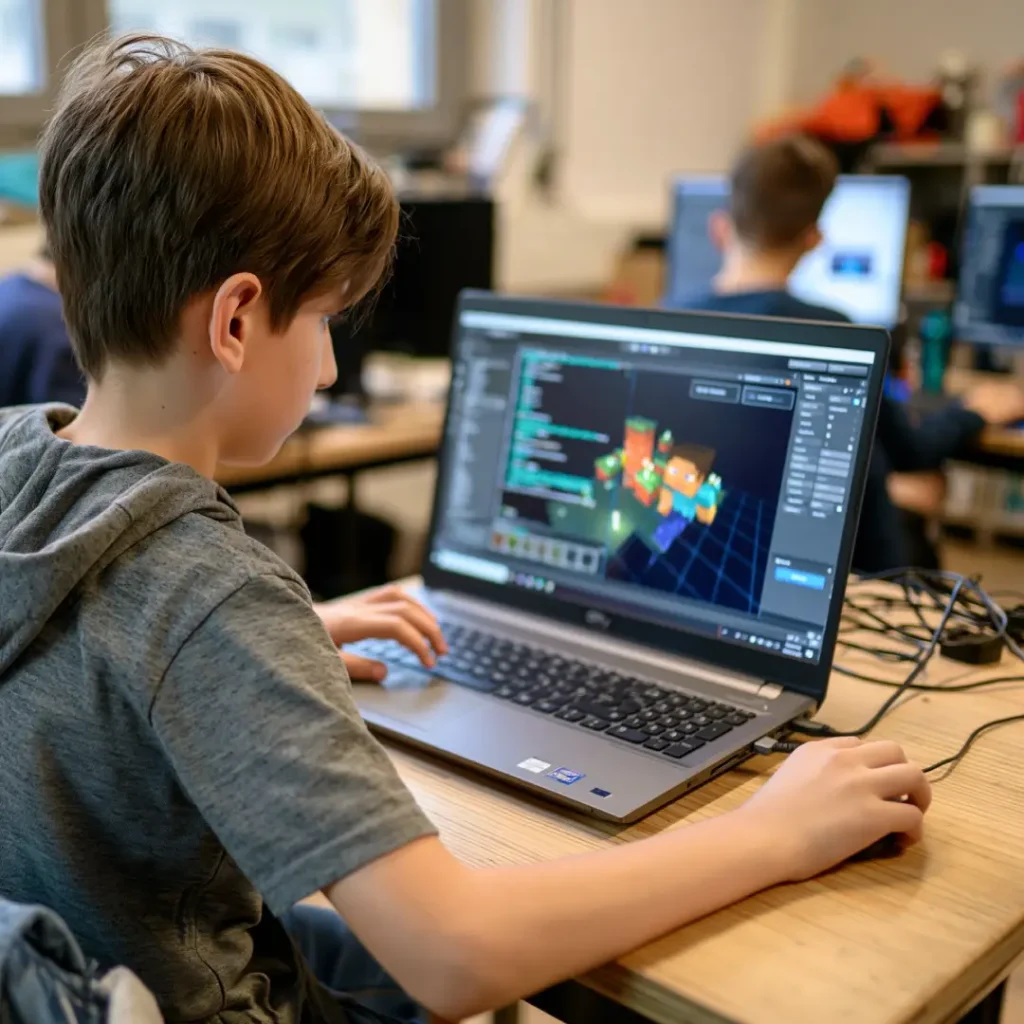 Jugendlicher entwickelt mit der Unity-Engine ein eigenes 3D-Spiel am Laptop