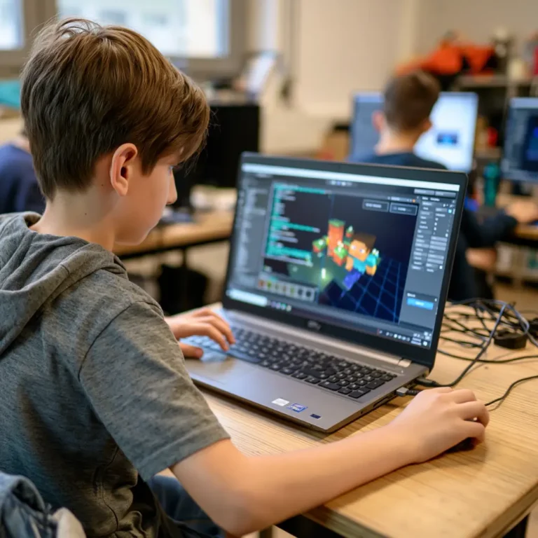 Jugendlicher entwickelt mit der Unity-Engine ein eigenes 3D-Spiel am Laptop