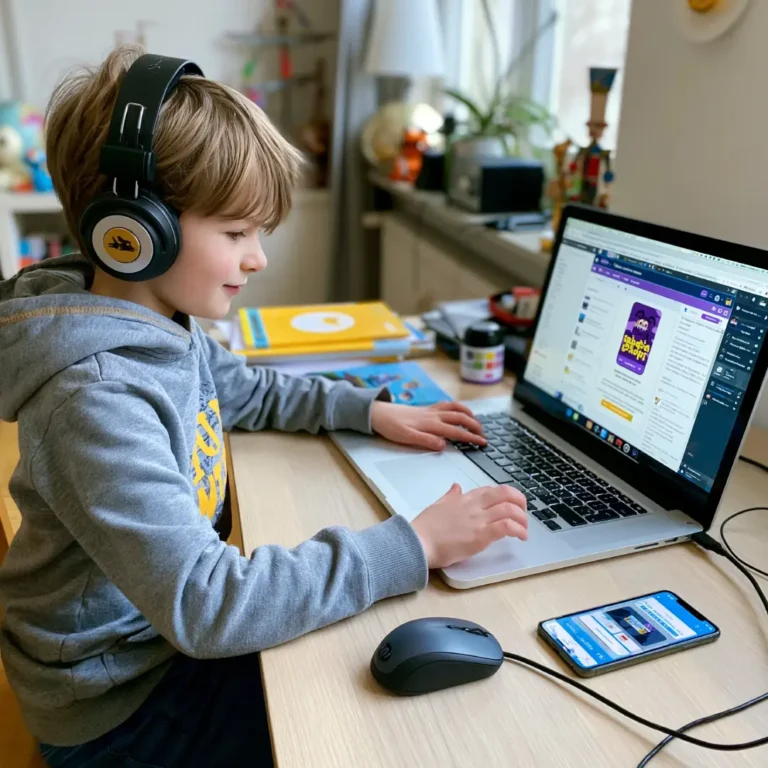 Kind baut am Laptop seine erste eigene Handy-App im Online-Unterricht
