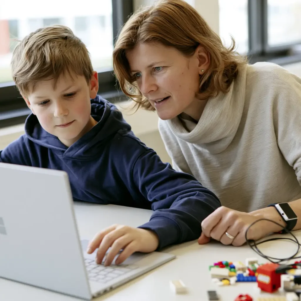 Kind und Elternteil entdecken gemeinsam am Laptop, wie künstliche Intelligenz funktioniert